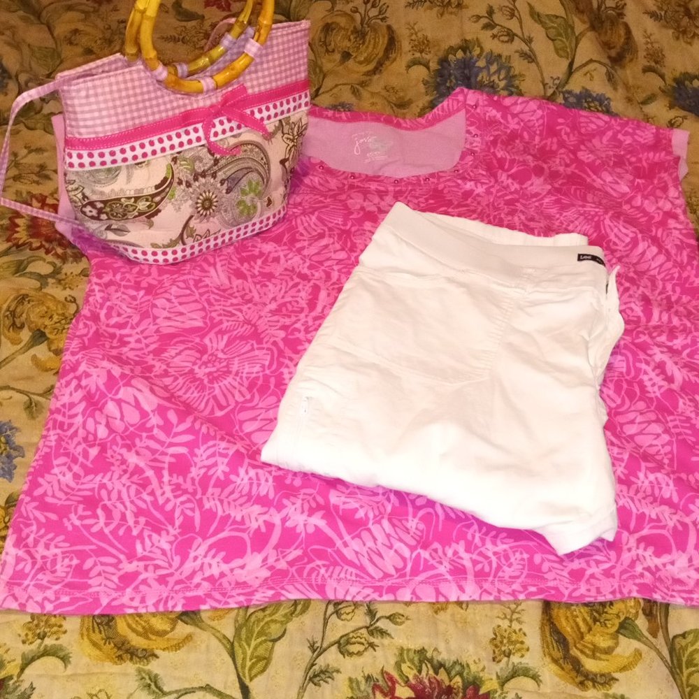 PINK A/ WHITE WOMAN'S OUTFIT WITH PINK & WHITE PURSE WITH BAMBOO HANDLES LOT OF